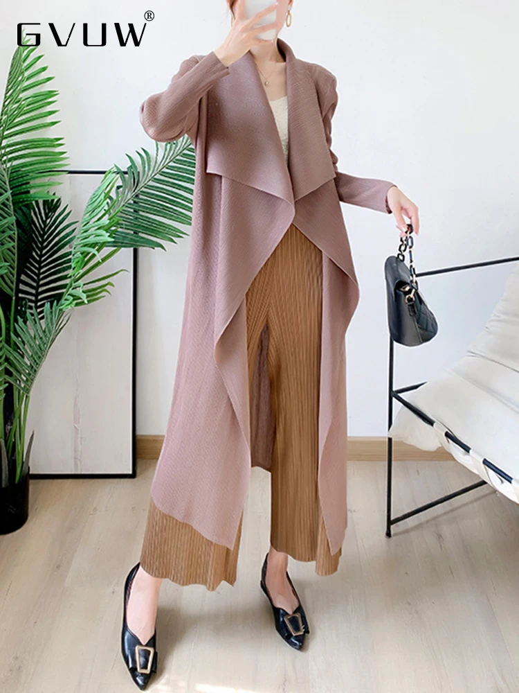 

GVUW Women Pleated Midi-length Trench Coat Temperament Solid Color Long Sleeve Lapel Open Stitch Female Coat Elegant 17D2404