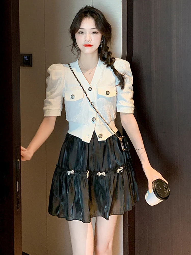 

Korean 2 Pieces Outfits Sweet Women Lady Casual Single-breasted Puff Sleeve Short Crop Tops Shirt High Waist Mini Skirt Slim Set