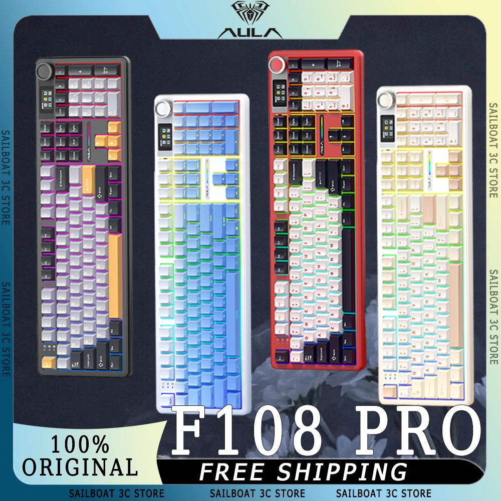 AULA F108 Pro Беспроводная механическая клавиатура с экраном и ручкой 3 режима низкая