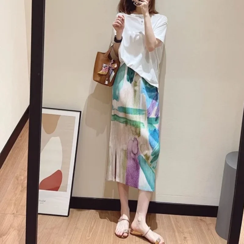 

Fashionable Geometric Printed High Waisted Buttocks Pleated Fringed Skirt
