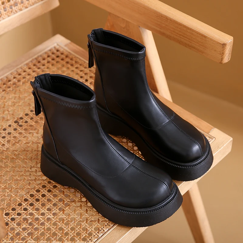 

CRLAYDK Women's Chelsea Boots Fashion Platform Ankle Back Zipper Booties Round Toe Casual Leather Waterproof Comfort Shoes