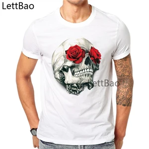 Футболка мужская с коротким рукавом, хлопковая Повседневная рубашка с принтом черепа, красная роза, с цветочным принтом, в стиле Харадзюку, на лето