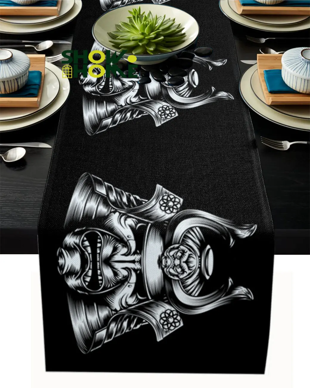 

Шлем самурайский японский, Современная черная настольная дорожка, праздничное украшение, свадебная скатерть, аксессуар для обеденного стола