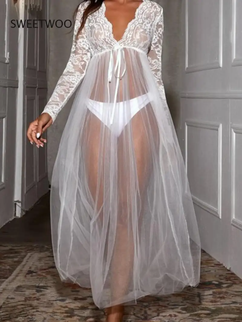 

Sexy Women Ladies Lingerie Sleepwear Female Transparent Lace Floral Mesh Long Dresses Robe Hot Erotic Underwear Costumes