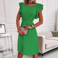 2022 o neck ruffle sleeve round neck belt pleated dress women solid color casual midi dress female clothes vestidos streetwear