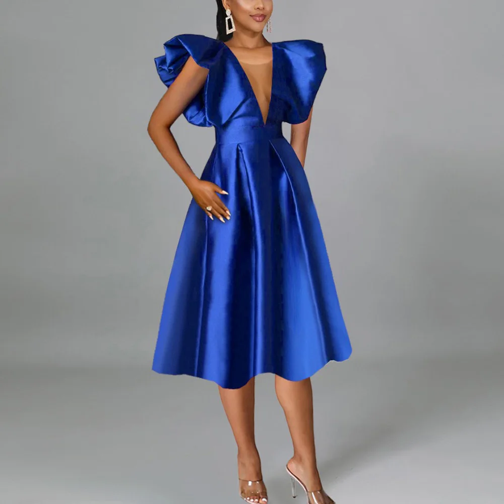 Elegant Blue Dresses for Women Deep V Neck Short Sleeve High Waisted A Line Mid Calf Fashion Formal Birthday Party Dinner Dress