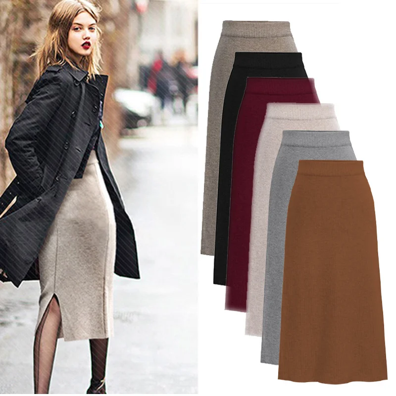 Womens Skirts Sexy Knitted Solid Wool Slit Skirt Sheath Dress Clothes Casual Autumn Winter Warm Knitted Mid-Long Hip Wrap Skirt