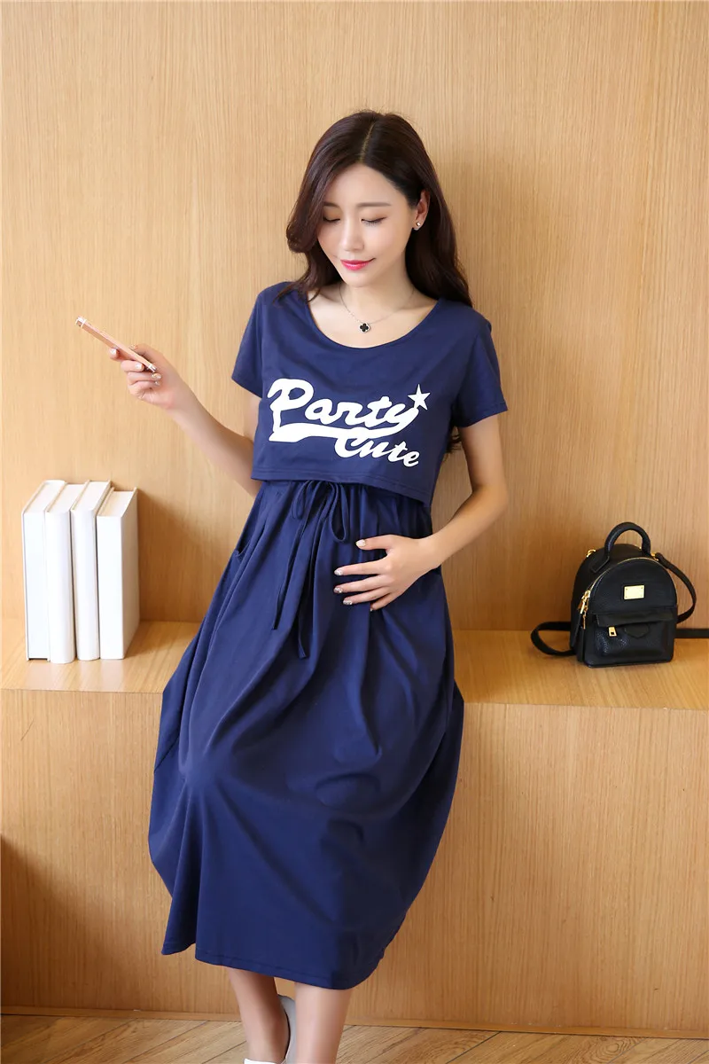 

Длинное платье для грудного вскармливания для беременных женщин с короткими рукавами и надписью; Одежда для кормящих матерей; Вечерние Повседневные платья для беременных