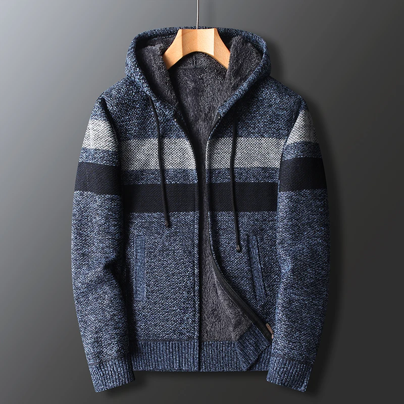Men's Autumn and Winter Plus Velvet Thick Striped Stitching Sweater Knitted Cardigan Jacket Hooded 5 Colors Casual Loose New