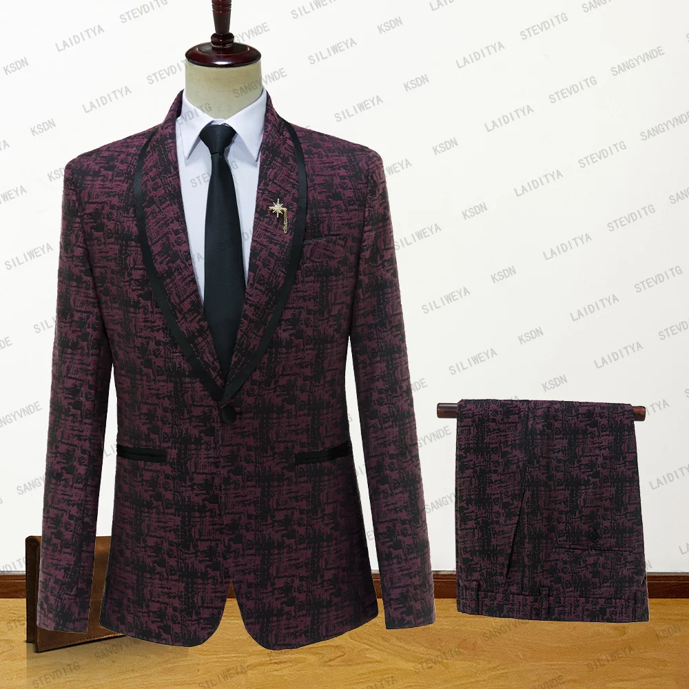 

Мужской комплект из двух предметов, темно-красный деловой повседневный костюм с атласной шалью и отложным воротником, облегающие костюмы, 2023