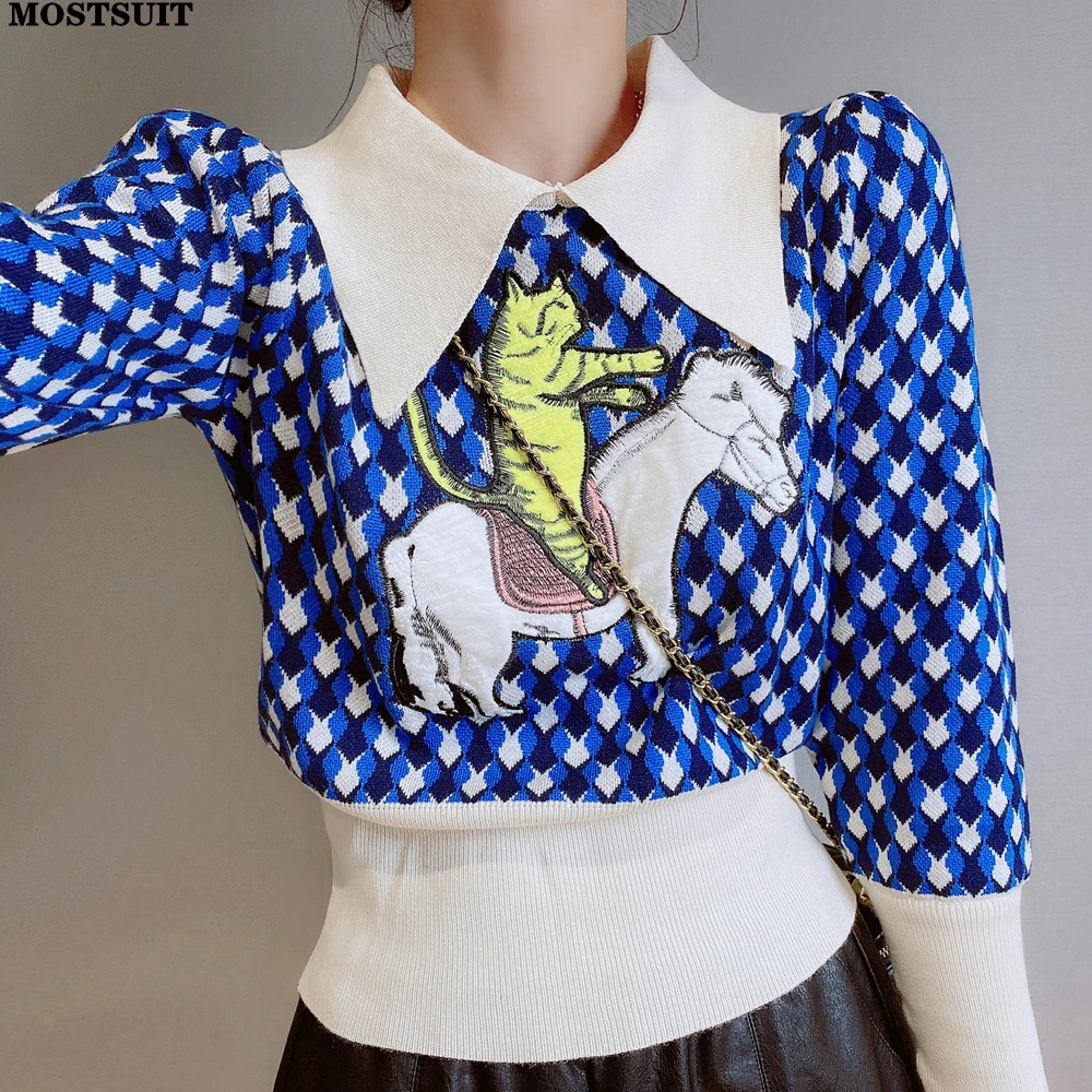 

Cat Embroidery Argyle Knitted Sweater Knitwear Women Stylish Fashion Chic Pullover Tops Long Sleeve Slim Female Jumpers Femme