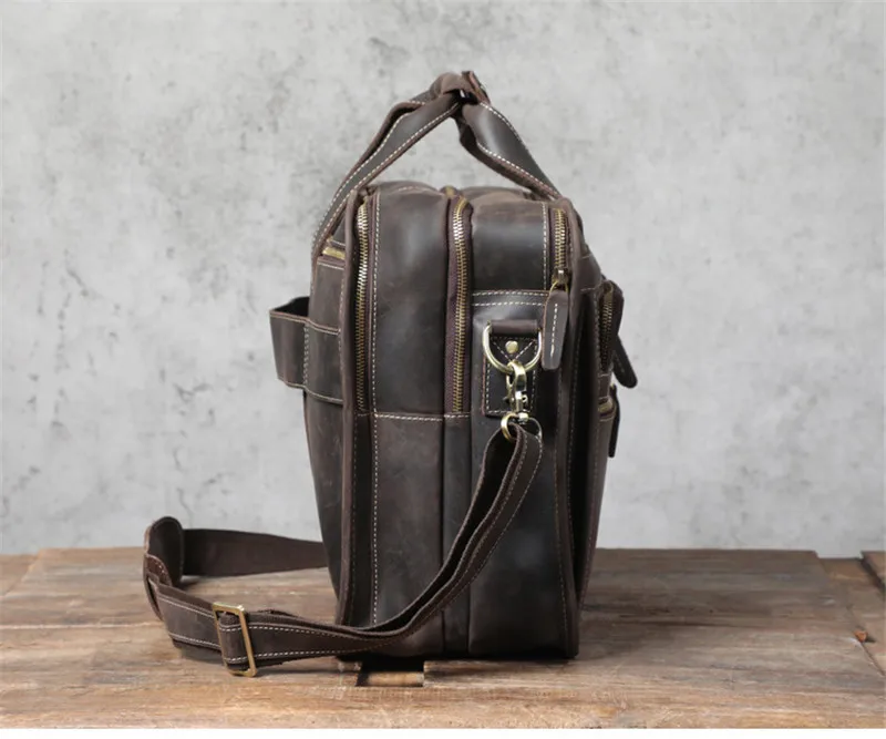 Retro Crazy Horse Skin men multi-pocket business computer portable briefcase daily travel large-capacity shoulder messenger bag