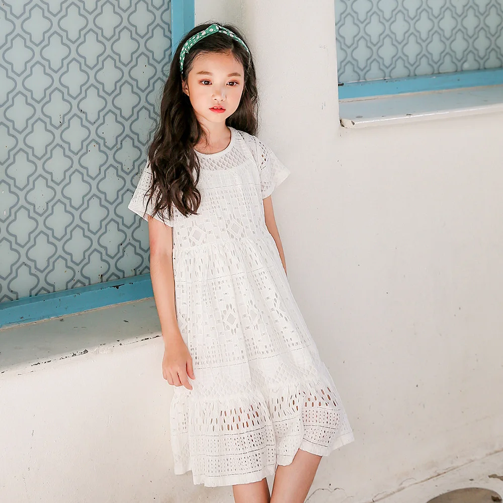 2022 New Cotton Summer Dress For Girls White Ruffles Teenage Dresses Children Big Girl Knee Length Teen Clothing With Vest | Детская