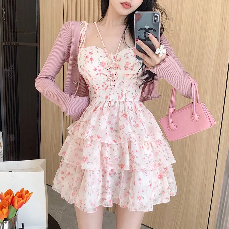 

Women Dress Cute Embroidery Chiffon Floral Print Spaghetti Strap Pink With Dresses Dropshipping