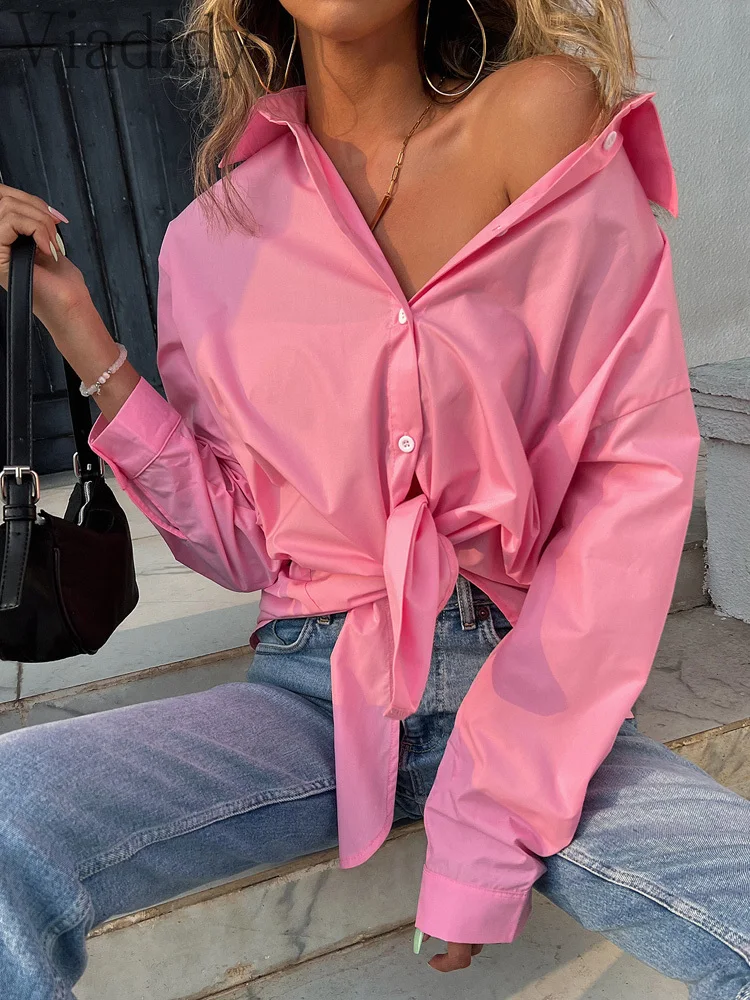 

Women Summer Solid Color Turn Down Collar Long Sleeve Button Front Blouse