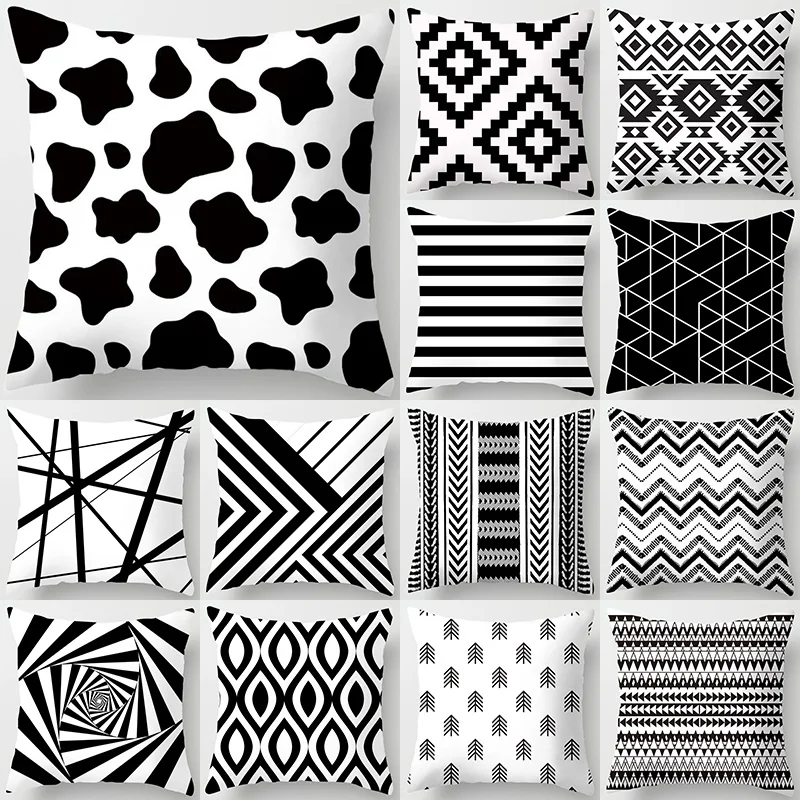 

Black and White Geometric Plaid Letters Polyester Cushion Cover Throw Pillow Cart Home Decor Sofa Bed Decor Pillow