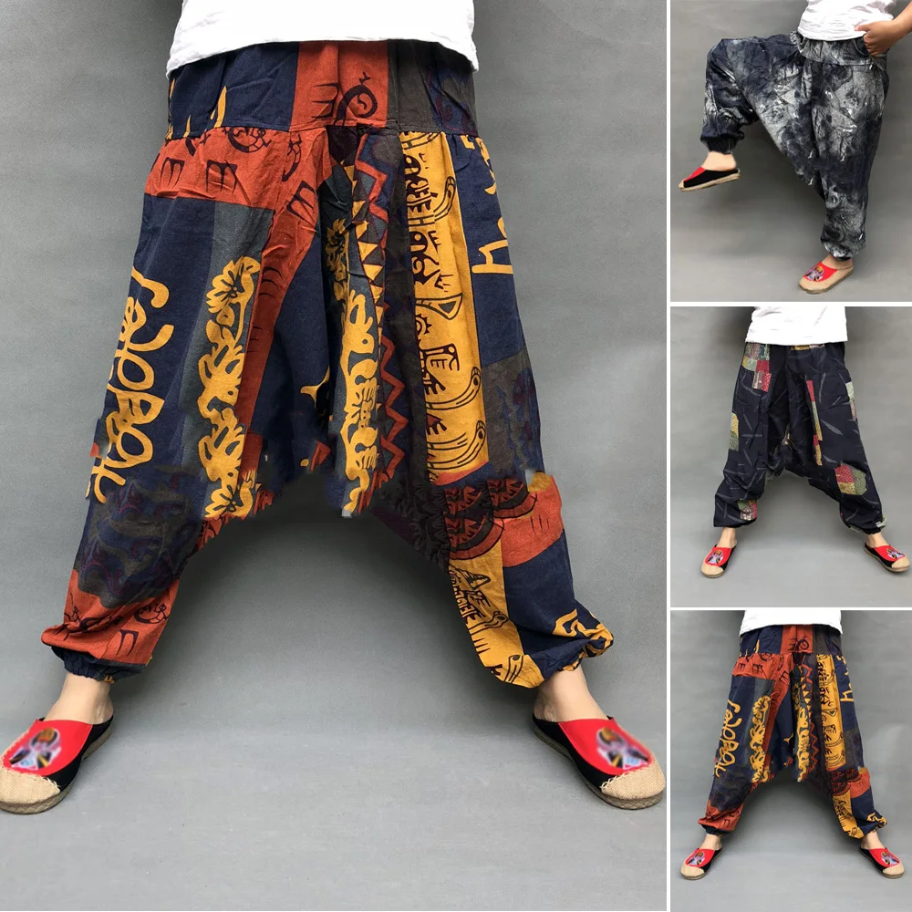 

2023 New Summer Men Baggy Pant Casual Printed Design Wide Leg Trousers Retro Vintage Beach Plus Size Loose Pants Man Streetwea