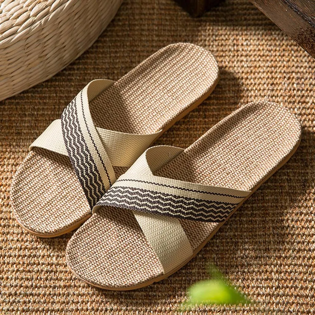 

Shoes For Men Summer Home Slippers Cross Strap Indoor Linen Slipper Fashion Breathable Flat Slides Non-slip Beach Sandals Shoes