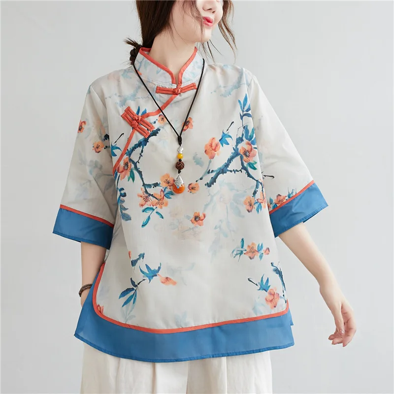 

Spring Women Chinese Traditional Style Tops Cotton Linen Loose Blouses Cheongsam Female Vintage Buckle Hanfu Shirts Tang Suits
