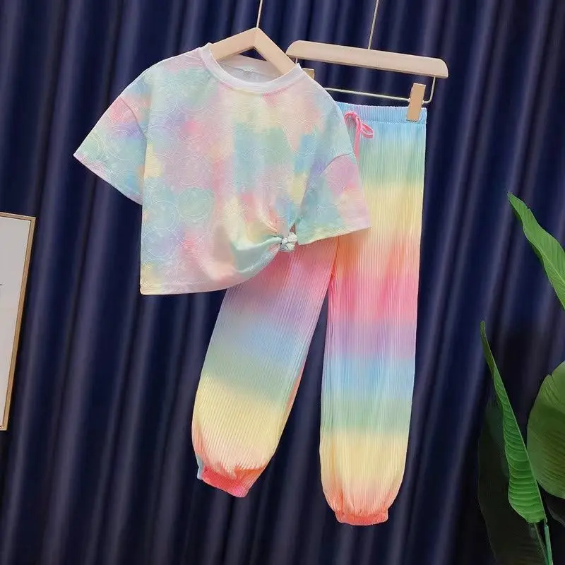 Girls 2023 Summer New Fashion Ice Silk Rainbow Gradient Color Loose 2Pcs T-Shirts Pants Suits 3-12 Years Kids Tie-Dyed Clothing