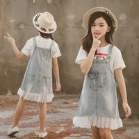 2022 summer maidenly denim slip kids baby girl lace jeans dresses for suspenders teenager clothes vestido 6 8 9 10 11 12 year