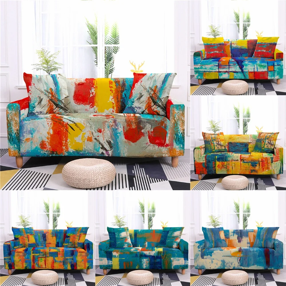 

Colorful Oil Painting Elastic Sofa Cover for Living Room Decor Watercolor Art Couch Covers L-shape Armchair Slipcover 1-4 Seater