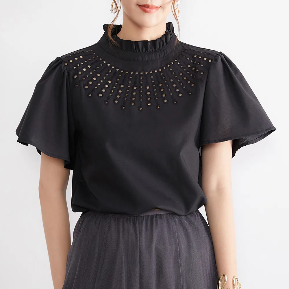 

Hollow Out Stand Collar Women Casual Blouse Black Summer Fashion Office Lady Chic Shirts Slim Elegant Korean Japanese Style Tops