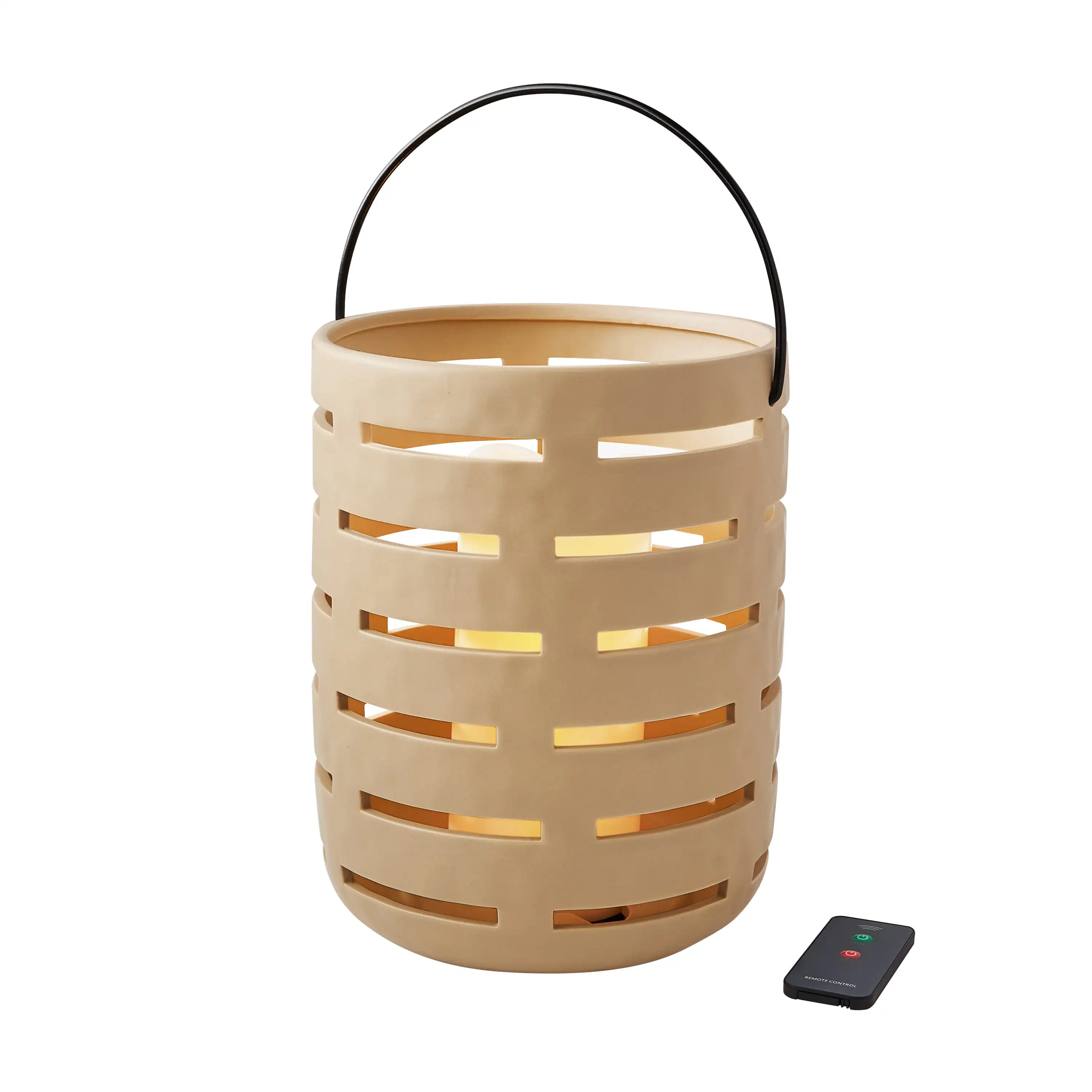 

HMTX Large Linen Beige Battery Operated Outdoor Ceramic Lantern with Removable LED Candle by Dave & Jenny Marrs
