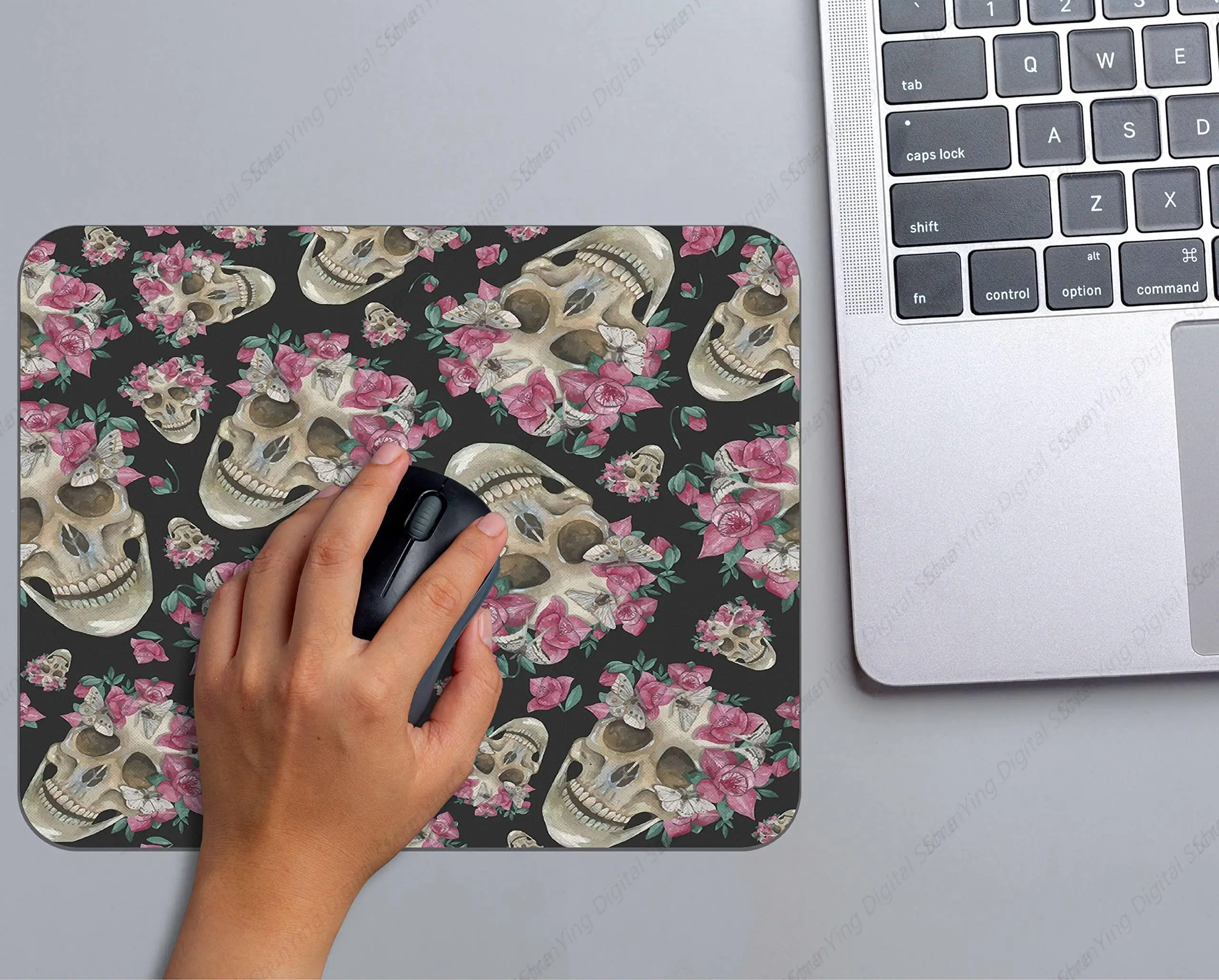 Коврик для мыши в подарок готический розовый цветок череп загадочный