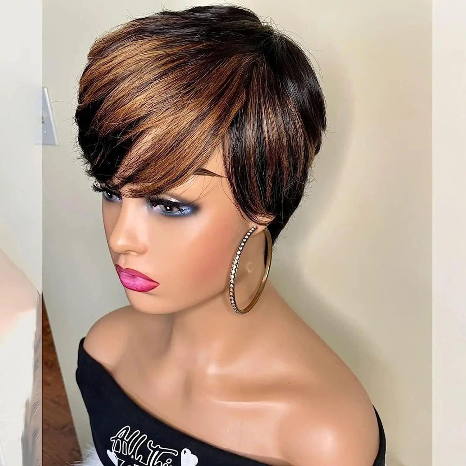 Фото WIGERA Highlight Синтетические короткие прямые волосы с стрижкой пикси Боб парик Ombre Honey Light Bronw Mix Черные многослойные парики из волос для женщин №3