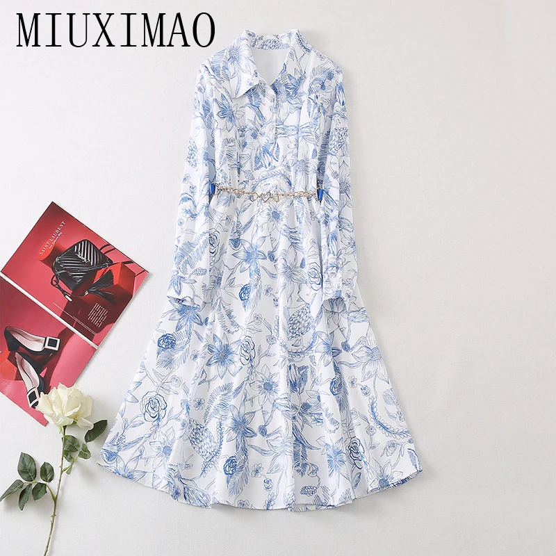 

MIUXIMAO 2022 High Quality Autumn&Winter Elegant Dress Long Sleeve Printing Belt Fashion Long Dress Women Vestide