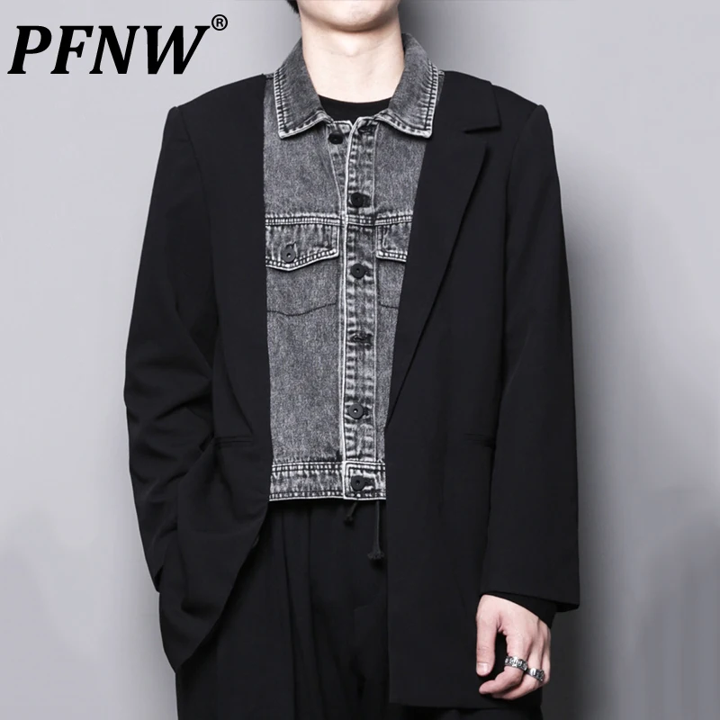 

PFNW Autumn New Men's Denim Spliced Blazers Irregular Fake Two Piece Handsome Darkwear Baggy Niche Fashion Harajuku Suit 28A3554