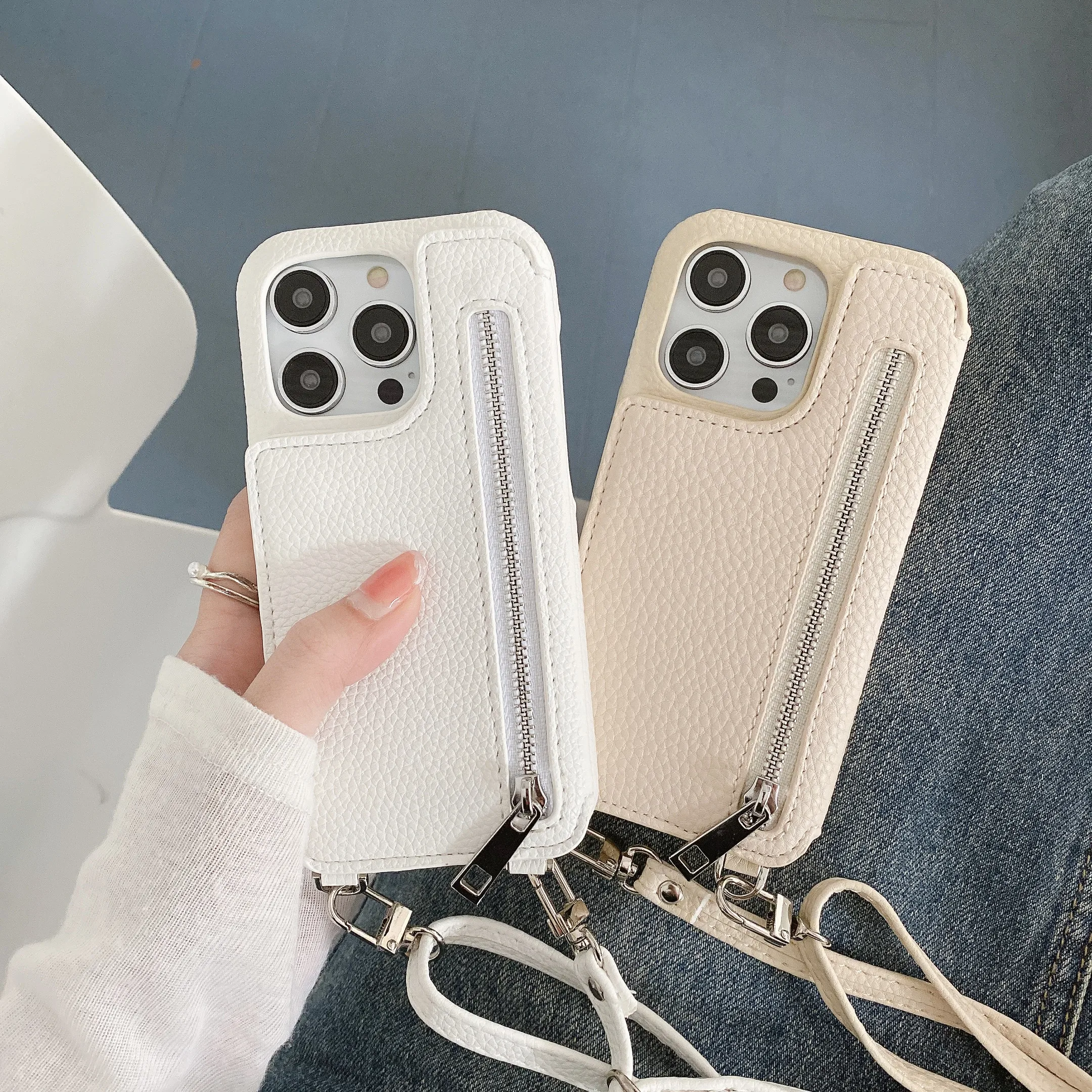 For iPhone14 pro max13 12 mini 11 X XR XSMAX 7 8 plus Built-in mirror zipper card diagonally across phone case