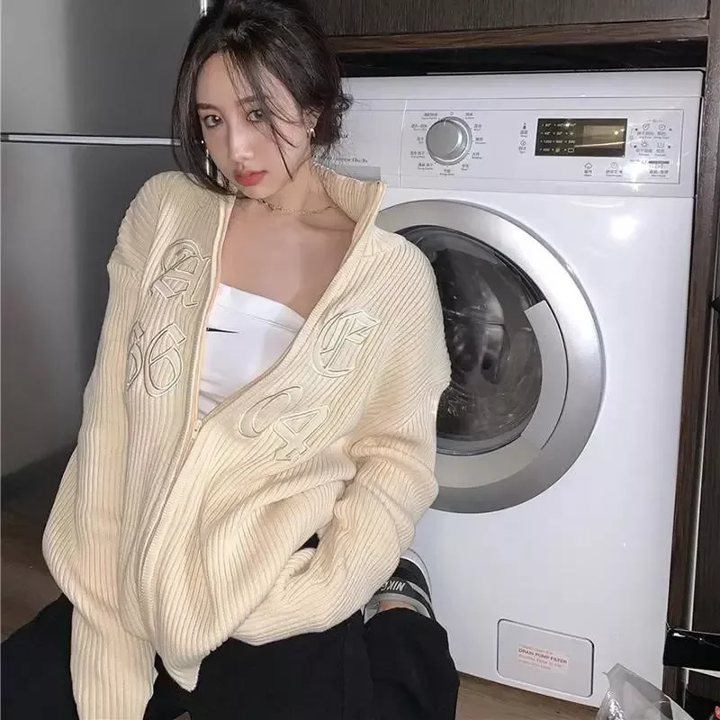 

Sweaters Women Solid Stand-UP Collar Zipper Loose Cardigan Women Korean Chic Knitting All-match Daily Casual Female Cardigan New