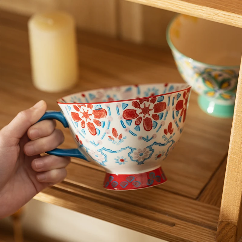 Japanese Flower Breakfast Oatmeal Cup Ceramic Milk Coffee Mug Hand Painted Office Water Teacup Microwave Safe Birthday Gifts