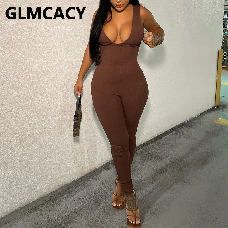 

Women Sleeveless Plunge V-neck Bodycon Jumpsuits