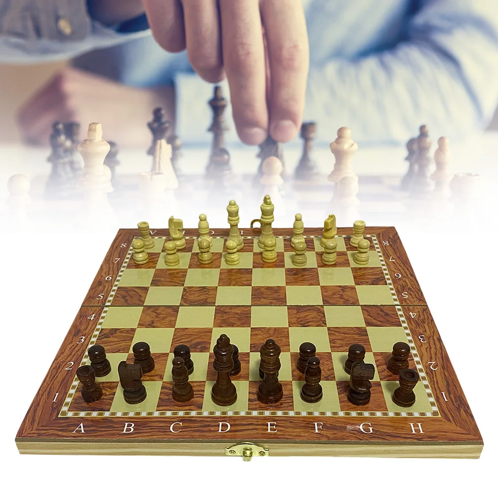 

11.4" Wooden Chess Set Foldable Chess Board With 34 Chess Pieces Interior For Storage Portable Travel Board Game Set For Kid