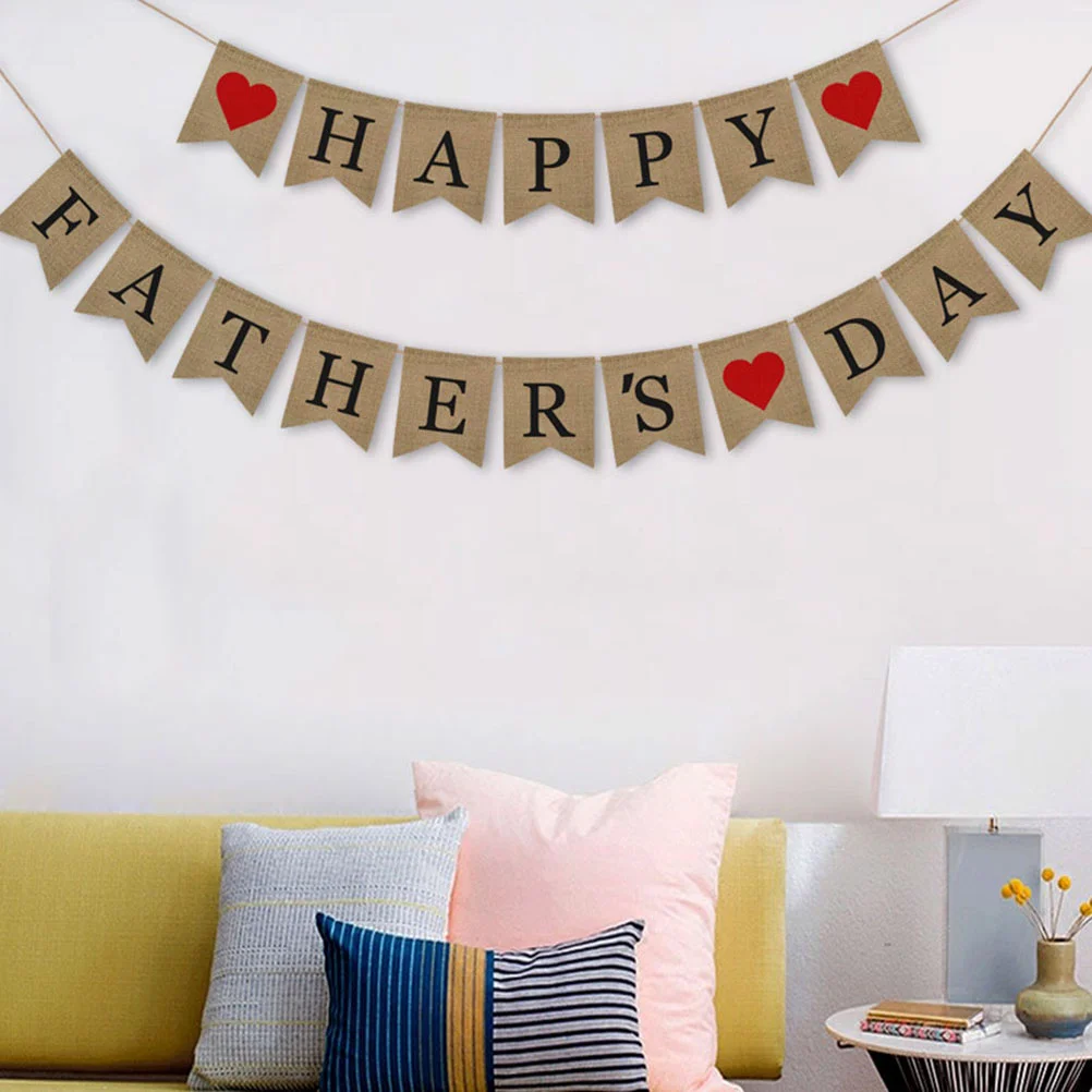 

1PC Red Heart Swallowtail Linen Burlap HAPPY FATHER'S DAY Banner Bunting Banner