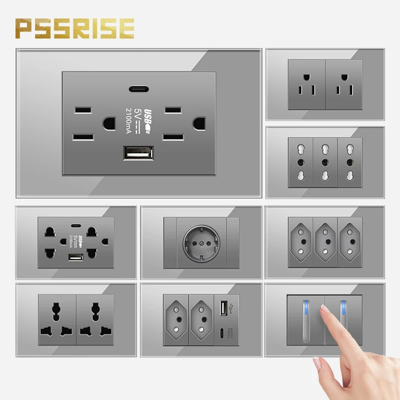 

PSSRISE Brazil EU US Wall Switch Socket with 5V 2.1A USB Type-c Charger Power Outlet Tempered Glass Panel Light Switch 118*74mm