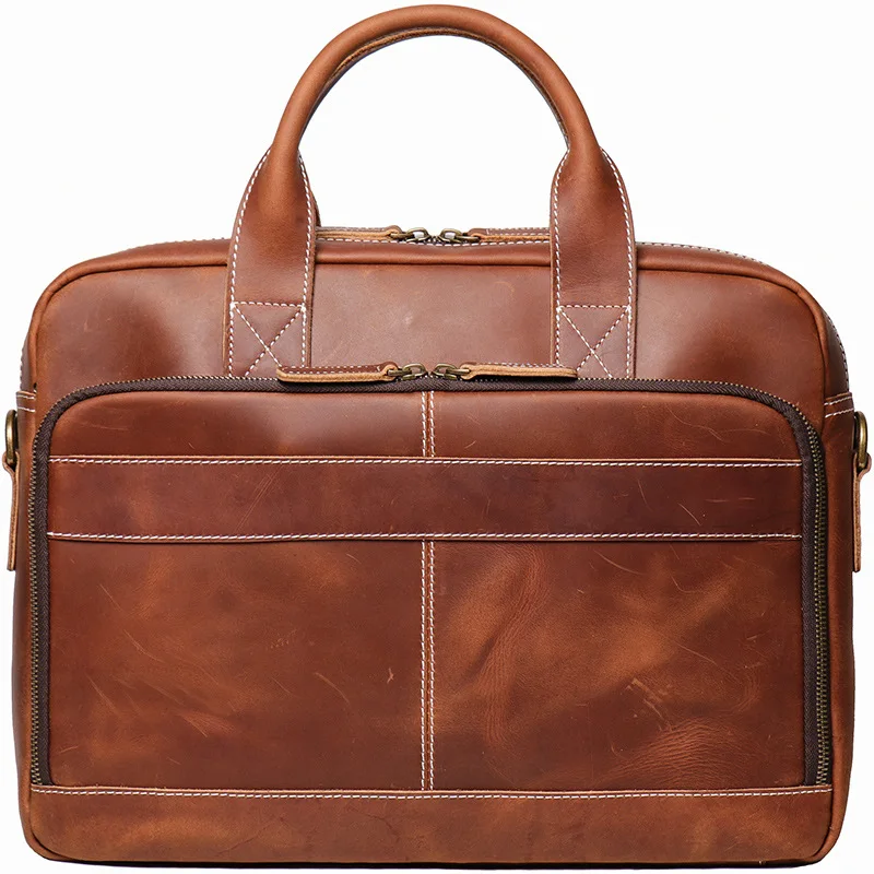 Luxury Genuine Leather Handbag for Men Leather Travel Briefcase Male 15.6 inch Laptop Bag Mens Real Cowhide Leather Shoulder Bag
