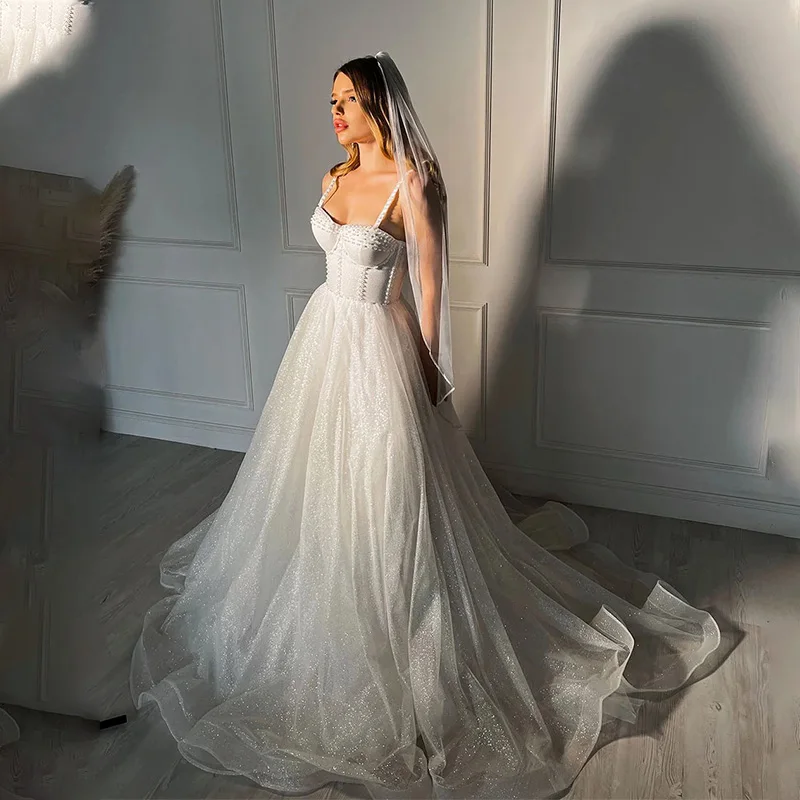 

Vestido de Noiva 2022 блестящие пляжные свадебные платья по индивидуальному заказу, богемное платье невесты на бретелях-спагетти, Летние свадебные платья, принцесса