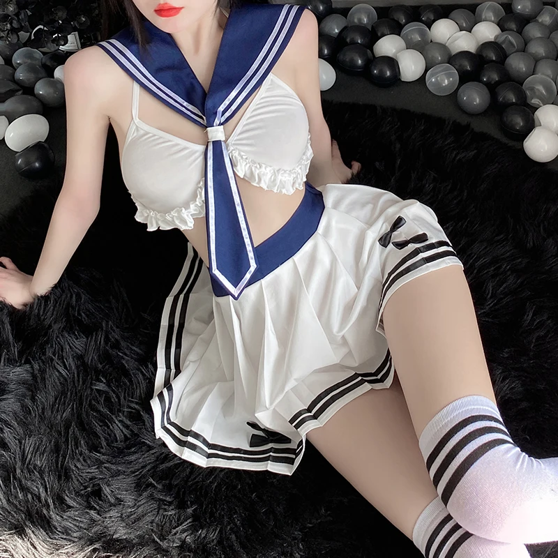 

Blue White College Student Suit Cosplay Schoolgirl Costumes Lovely Tie Ruffle Short Top Mini Skirt Roleplay Sailor Lingerie Set