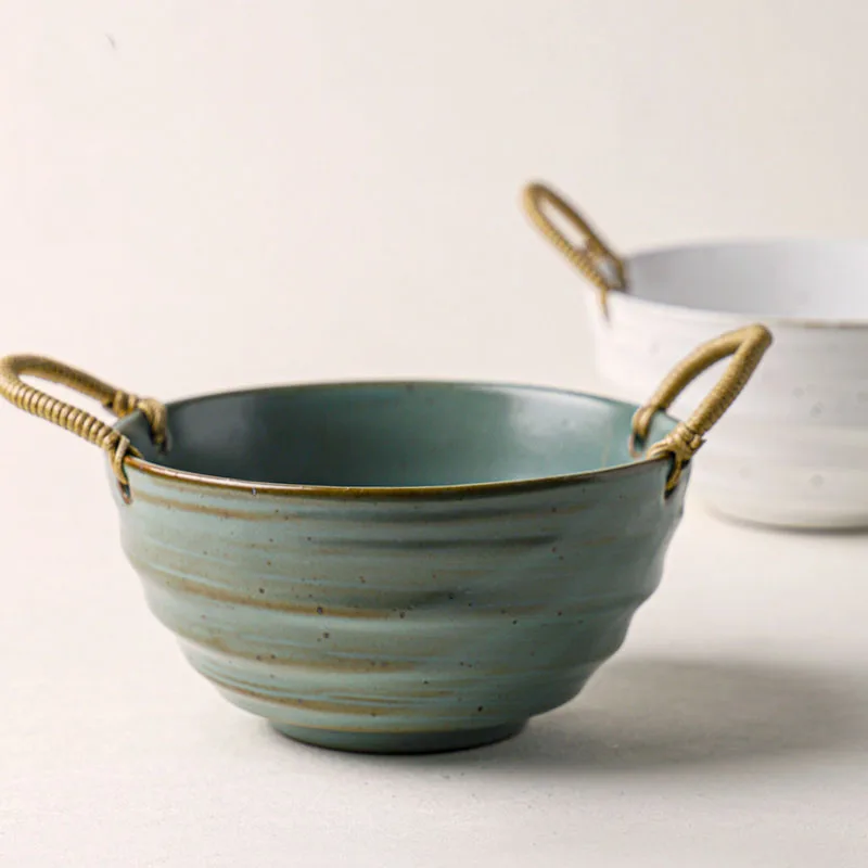 

Japanese-style Ceramic Soup Noodle Bowl Rope Tableware Creative Crude Pottery Fruit Salad Plate with Handle Binaural Large Bowl