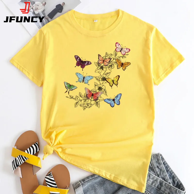 JFUNCY Women's Tee Shirt Butterfly Graphic T Shirts Women Cotton T-shirt Korean Fashion Woman Clothing Short Sleeve Female Tops