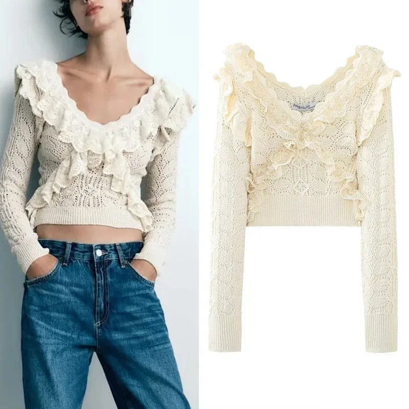 

Женский трикотажный свитер с оборками, V-образным вырезом и длинным рукавом