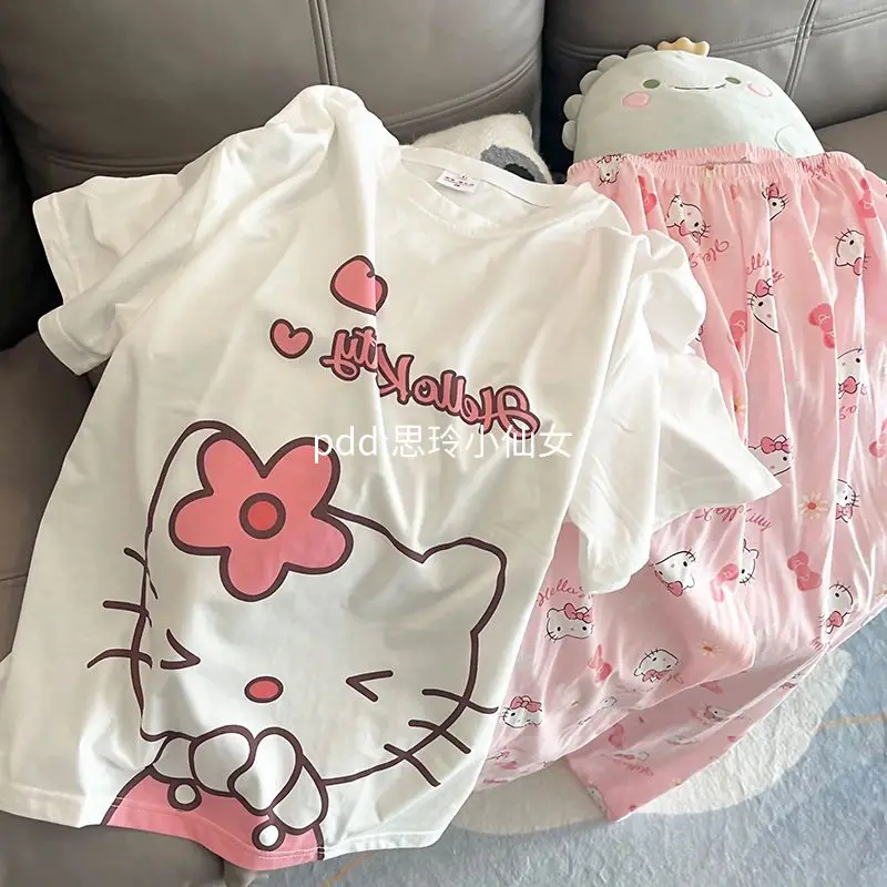 

Hello Kitty Sanrio Kawaii Cute Cartoon Kt Cat Pajamas Female Summer Days New Round Neck Short-sleeved Pants Home Wear Set