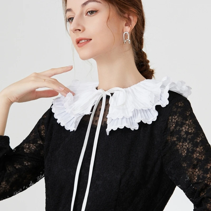 

Women Lace Trim Layered Pleated Capelet Bowknot Decorative Detachable Collar