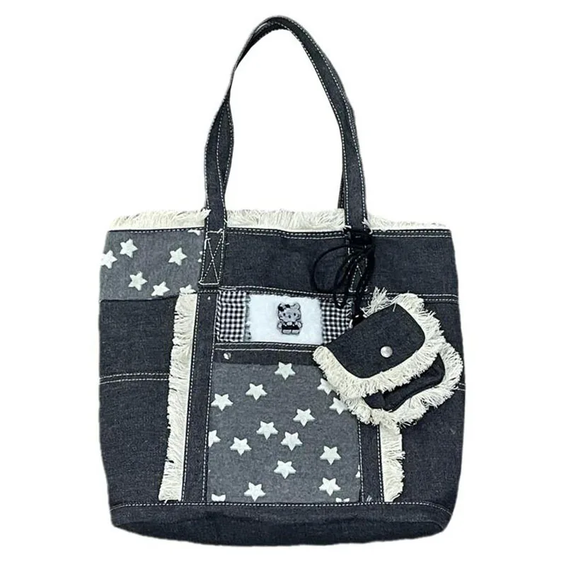 

Kawaii Sanrioed Anime Kittys Large Capacity Denim Sturdy Wearable Handmade Handheld Tote Bag Girls Christmas Birthday Gift