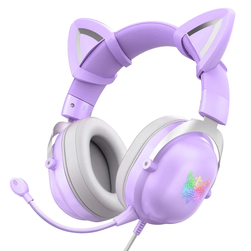 

New arrival cute girl pink X11 cat ear headset with mic RGB light wired gaming headset for cell phone computer headphone