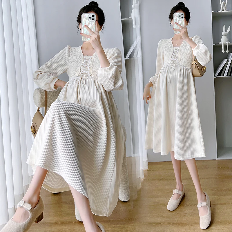 

6862# 2022 Spring Autumn Korean Fashion Maternity Long Dress Chic Ins A Line Slim Clothes for Pregnant Women OL Formal Pregnancy